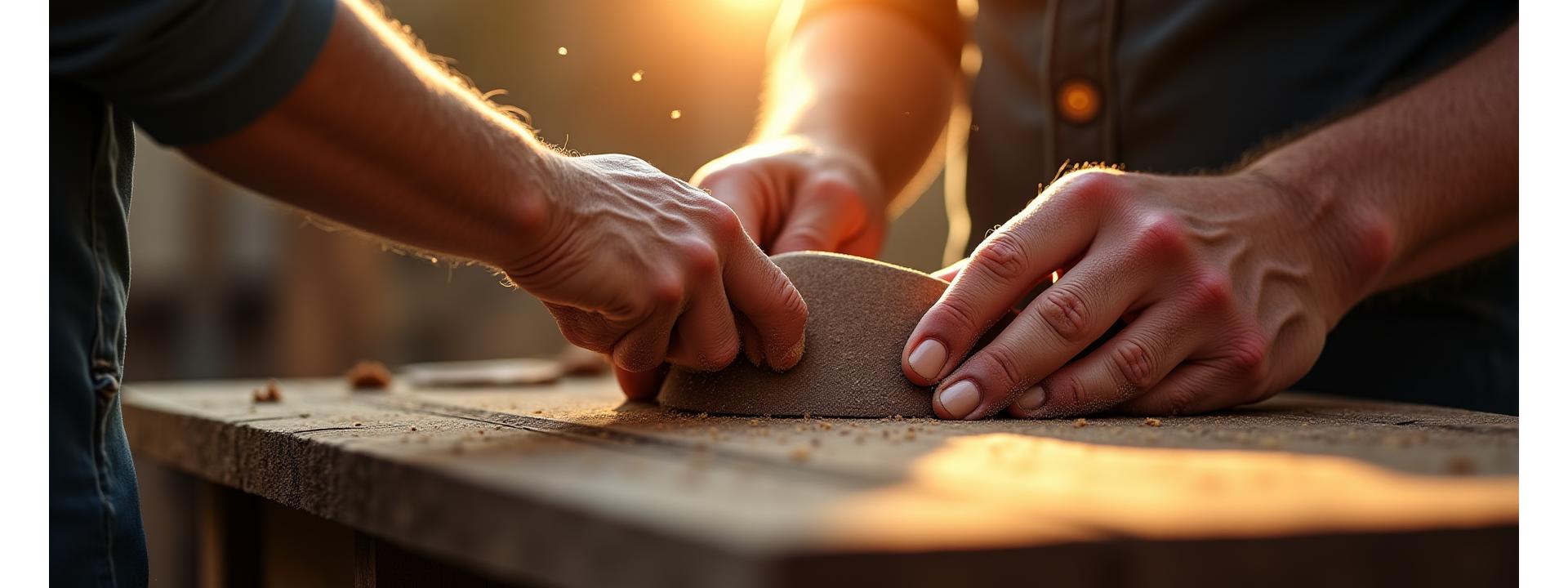 Close-up of a skilled woodworker's hands delicately sanding a piece of finely grained wood in a warm, sunlit workshop.