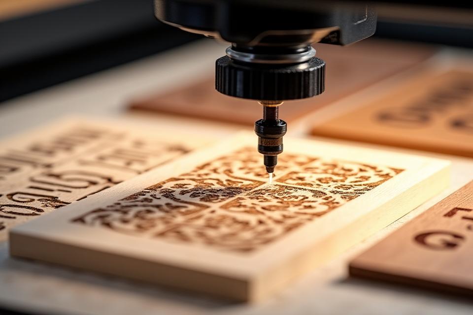 Close-up view of a laser engraver precisely etching a detailed design onto a piece of wood, surrounded by various wood samples and engraving patterns.