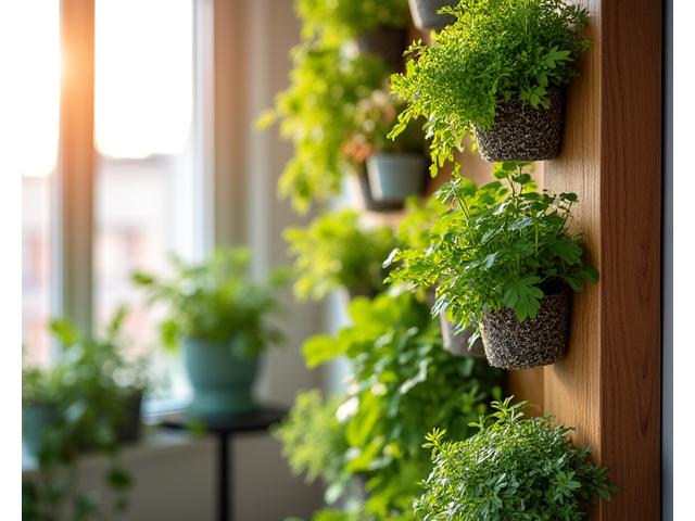 A lush vertical garden panel crafted from warm wood, showcasing various small plants in a compact urban apartment balcony, bringing nature indoors efficiently.