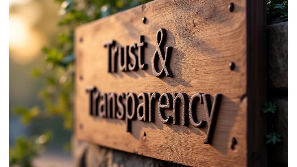 A handcrafted wooden sign with 'Trust & Transparency' carved into it, set against a warm, wood-grain background.