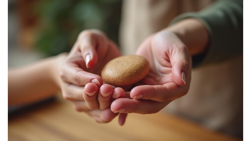 Close-up of hands exchanging a wooden item for payment, symbolizing a fair transaction.
