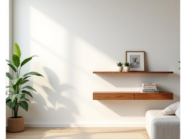 A beautifully styled living room featuring a handcrafted wooden floating shelf adorned with minimalist decor such as small plants and ceramic vases.