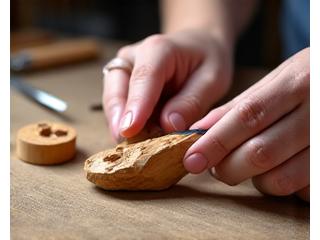 A pair of hands delicately carving a small wooden figurine using traditional tools, showcasing the precision of DIY woodworking projects.