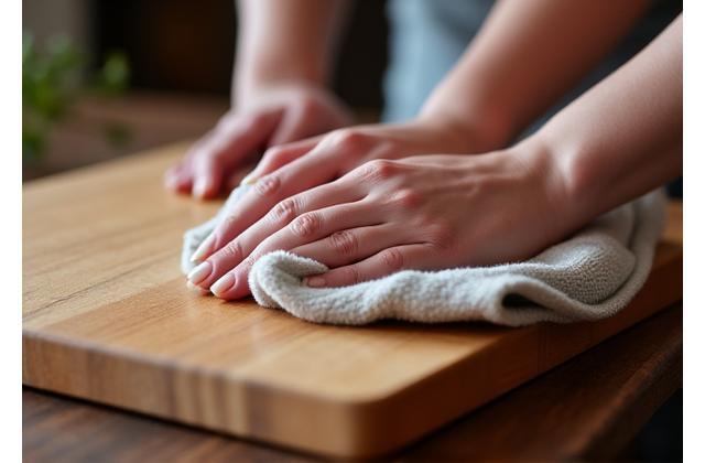 Close-up of hands applying food-grade mineral oil to a wooden cutting board with a soft cloth, showcasing the rich sheen it creates.