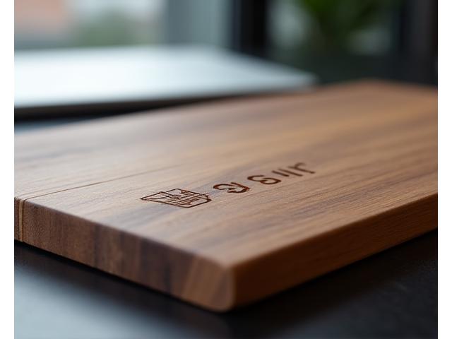 A large cutting board with a finely engraved company logo, presented professionally on an office desk.