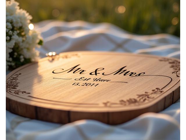 Close-up of a cutting board engraved with a 'Mr. & Mrs. [Last Name] Est. [Year]' design, surrounded by wedding props.