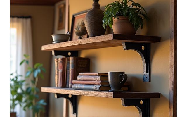 Rustic wooden shelf supported by decorative iron brackets, holding books and plants.