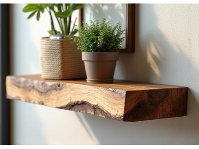 A unique live-edge oak floating shelf demonstrating the natural grain and irregular edge, styled in a minimalist study.